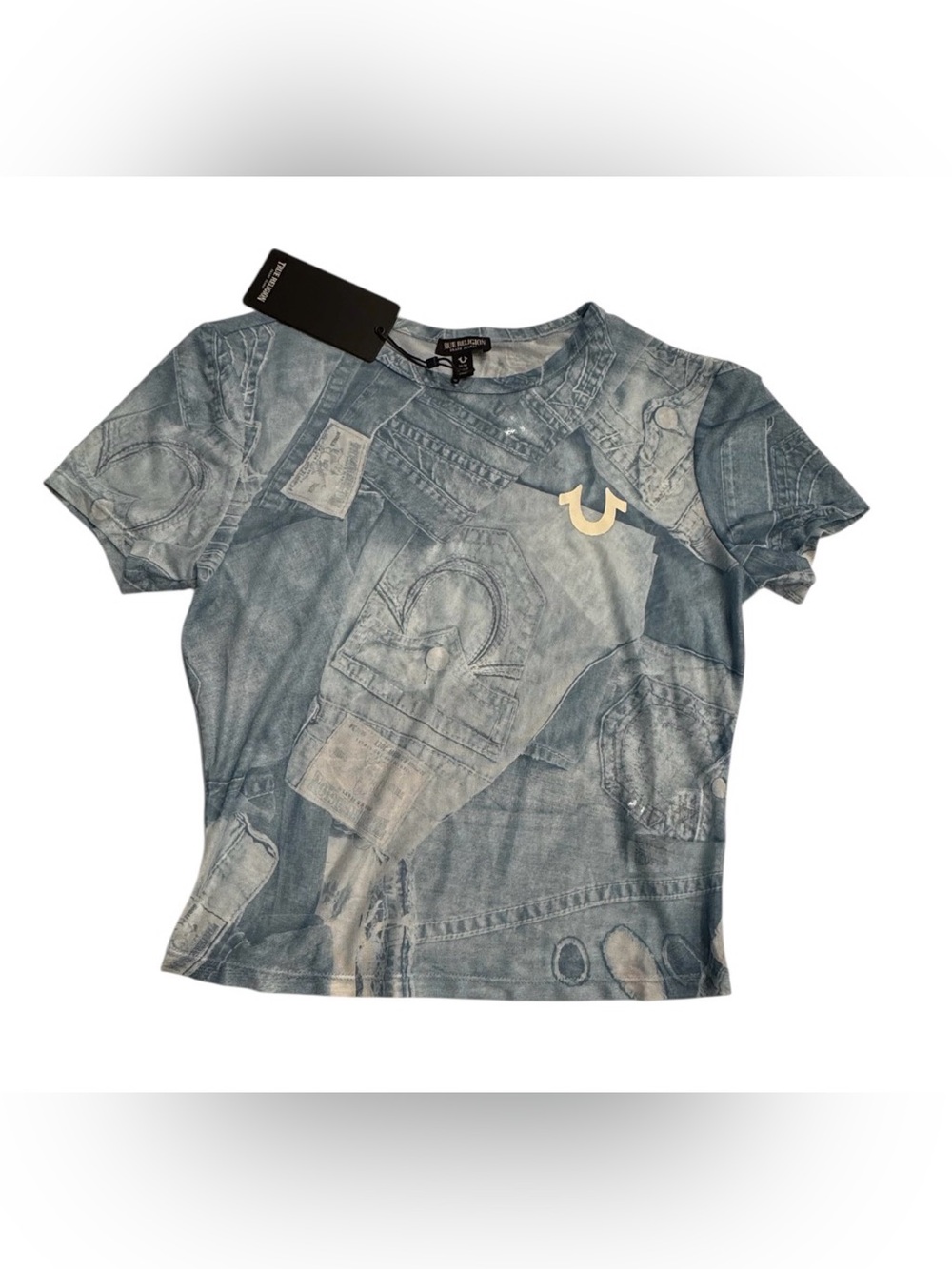 NWT True Religion size M Sheer Blue Denim Pocket Print Crop Tee Shirt Logo